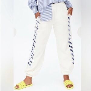 Clare V White Joggers with Blue Pattern